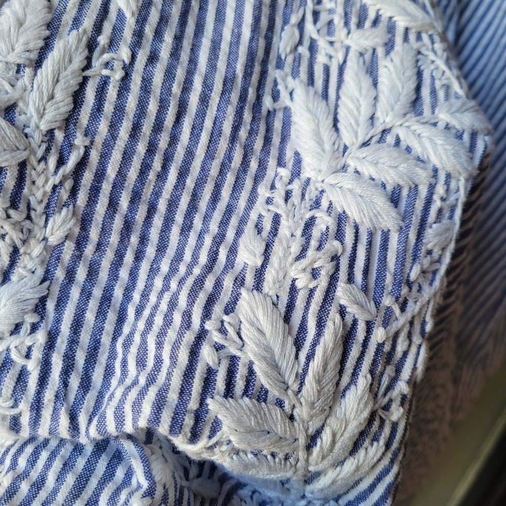 MADISON MATHEWS Blue White Striped Embroidered Tunic L Cotton 3/4 Sleeves NEW - Picture 11 of 12